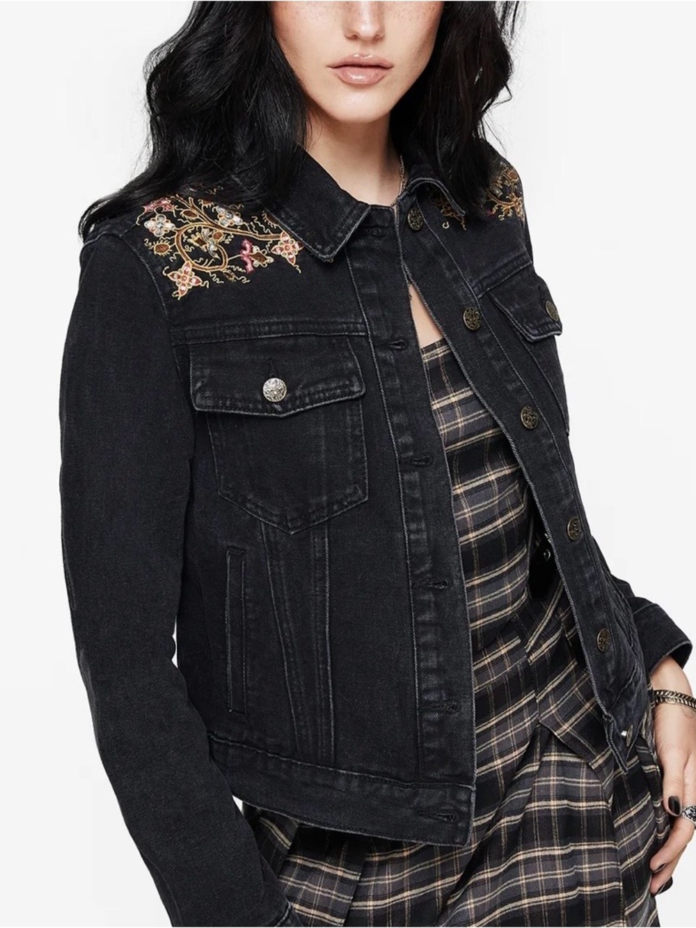 Disturbia Nasturtium Floral Embroidered Denim Jacket 10 Large Grunge Punk Goth